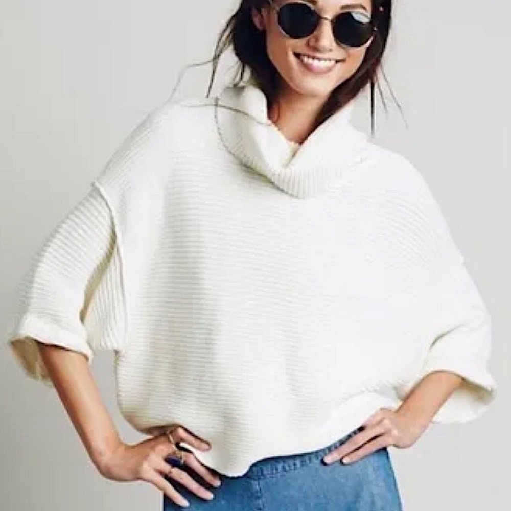 Free People‎ 100% Cotton Turtleneck Short Sleeve White Ribbed Sweater XS